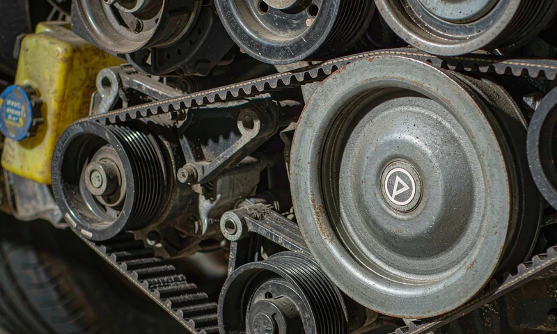 Serpentine belt and water pump pulley mounted on a car engine