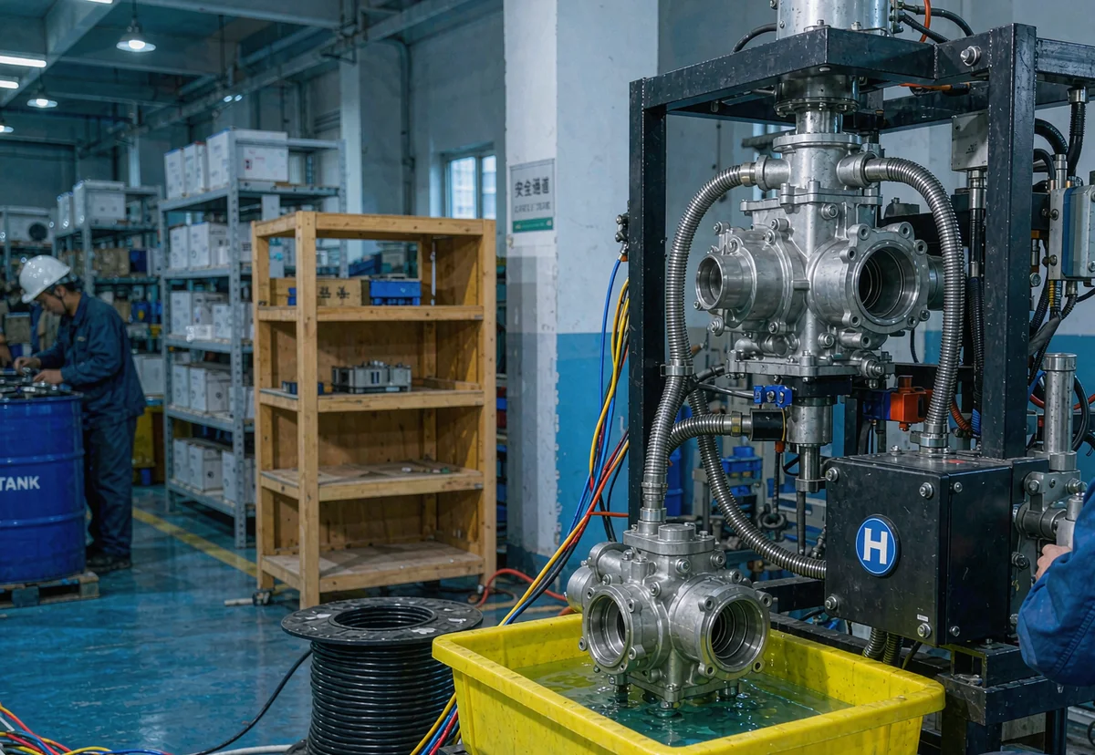 Water pump leak-test station in a factory quality-control process